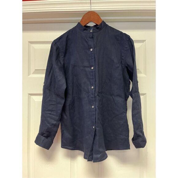 Chaps Navy Linen Nehru Collar Button Down Shirt sz S EUC - Picture 1 of 7